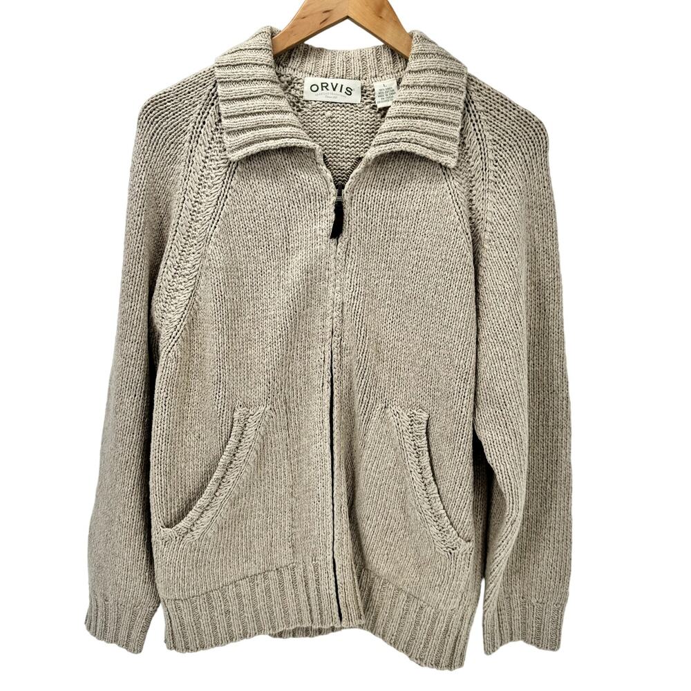 Orvis Cardigan Sweater Womens Large Linen‎ Cotton Knit Full Zip Grandmacore